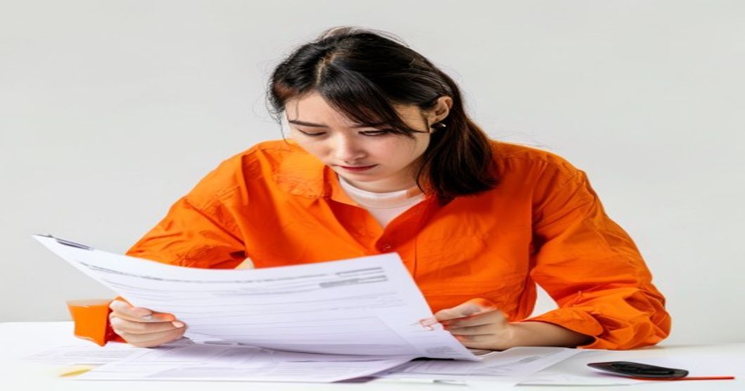 person reviewing tax documents with a determined expression