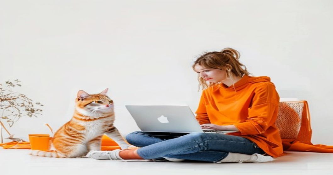 freelancer sitting on floor with laptop and cat on chair