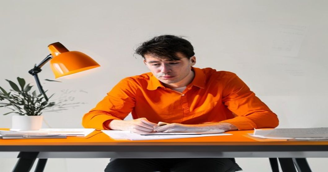 freelancer frustrated with tax paperwork at night desk