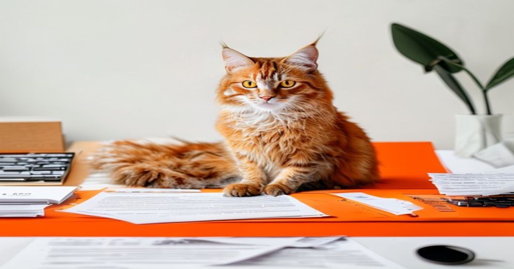 messy desk with resume papers and a cat sitting on keyboard