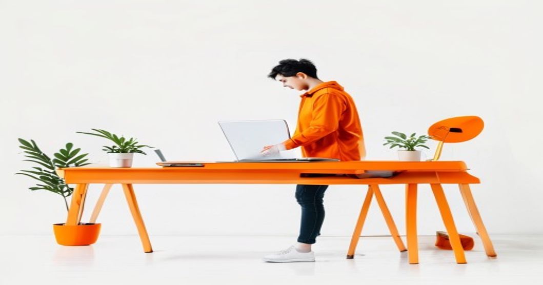 person standing at desk working on laptop feeling relief