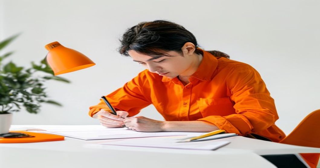 person writing notes with determined expression at home desk